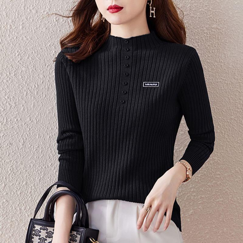 Long-Sleeve Mock Neck Lettering Applique Ribbed Knit Top Product Image