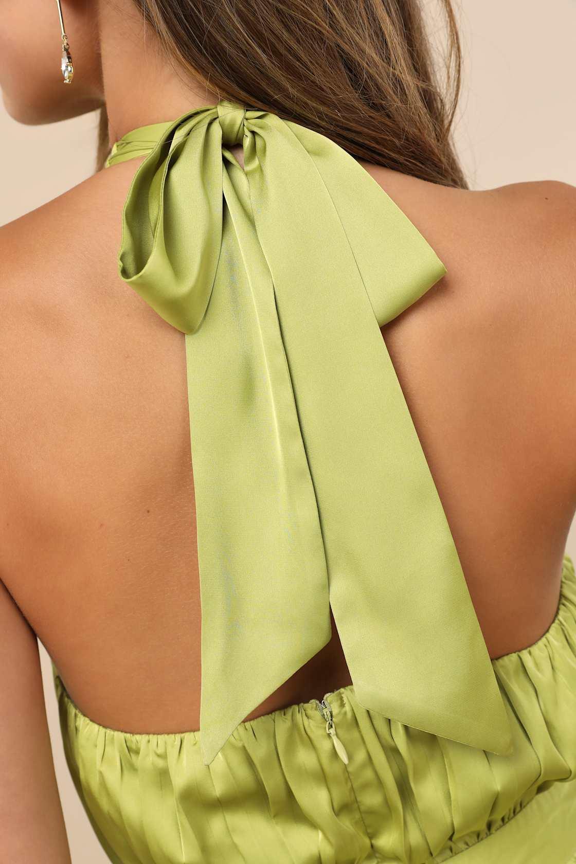 Confident Impression Lime Green Satin Pleated Halter Jumpsuit Product Image