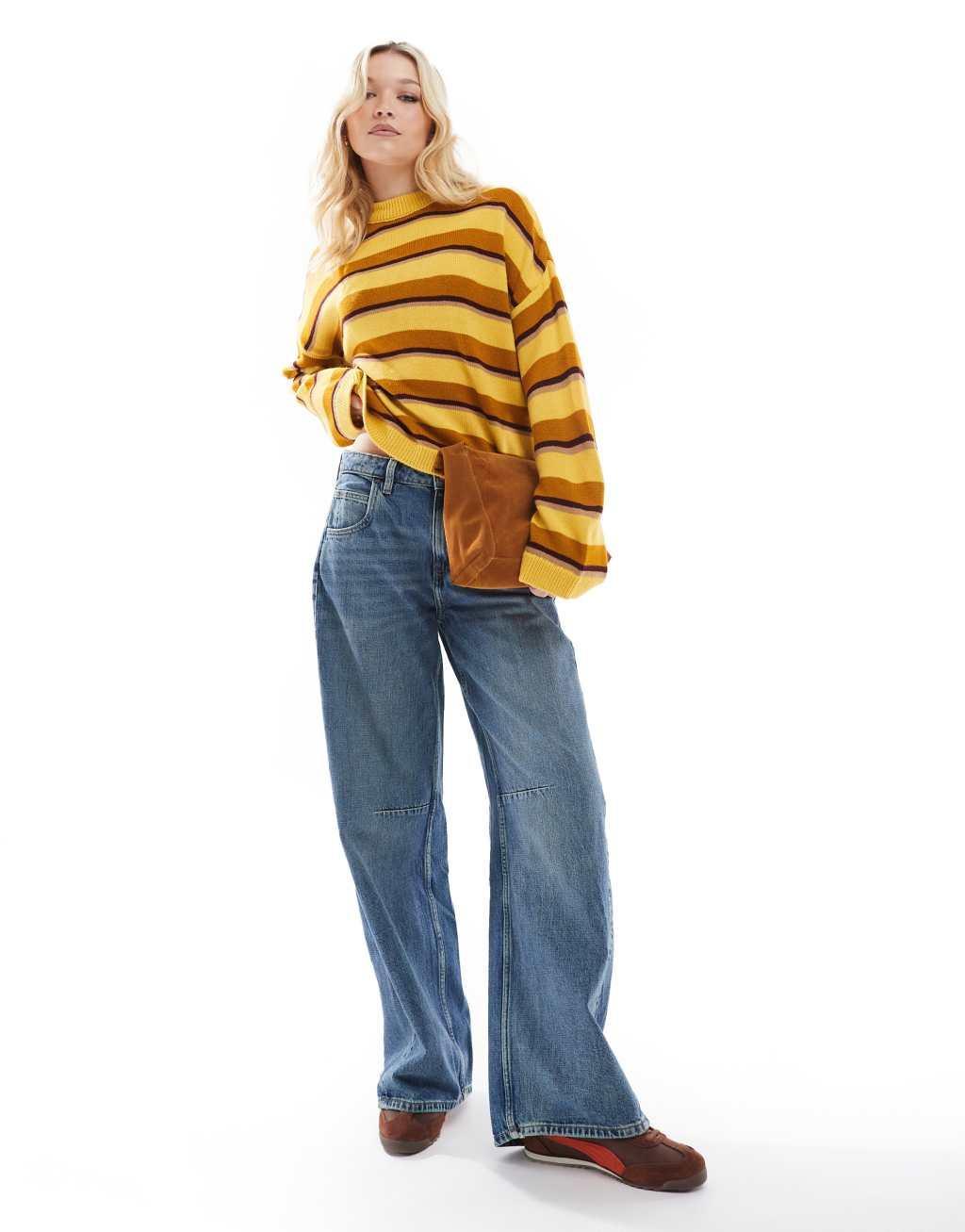 Miss Selfridge tonal ochre stripe oversized knit sweater Product Image