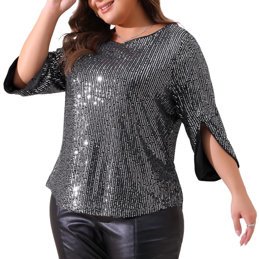 Agnes Orinda Women's Plus Size Christmas Parties Glitter Sequin 3/4 Slit Sleeve Crew Neck Blouse Product Image