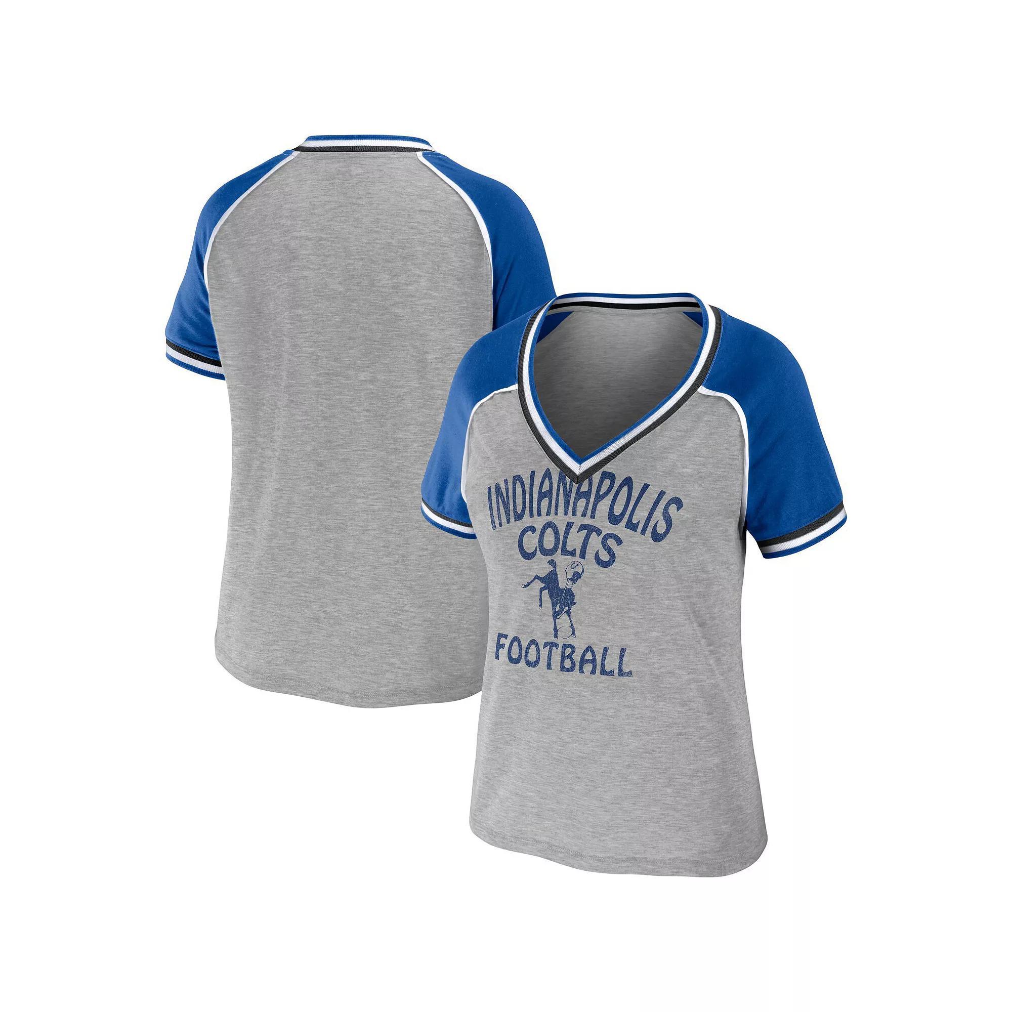 Women's WEAR by Erin Andrews Heather Gray Indianapolis Colts Throwback Raglan V-Neck T-Shirt, Size: XS, Grey Product Image