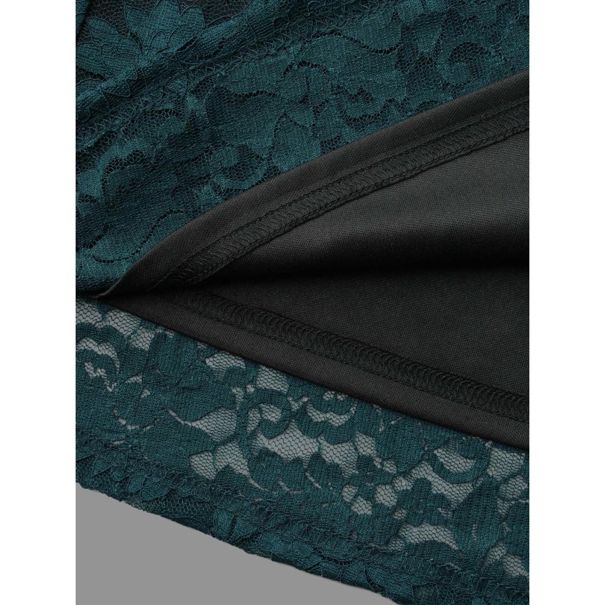 Plus Size DarkGreen Sheer Lace Irregular Sleeve Lined Shirt Women Elegant Long Sleeve Round Neck Everyday Blouses BloomChic 28/5X Product Image