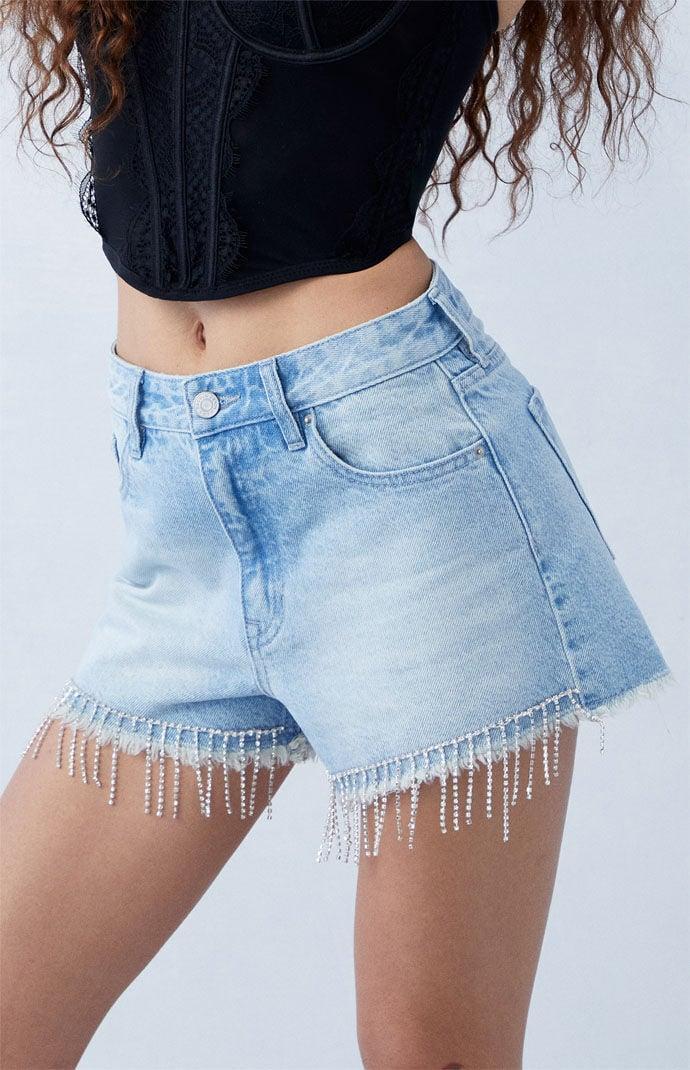 Women's Eco Light Indigo Rhinestone High Waisted Denim Festival Shorts Product Image