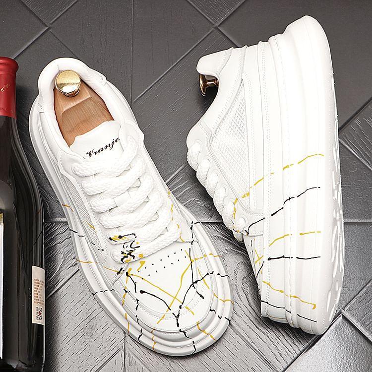 Hidden Wedge Mesh Panel Lace-Up Faux Leather Sneakers Product Image
