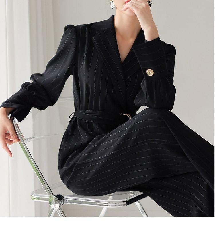 Puff-Sleeve Collar Striped Jumpsuit Product Image
