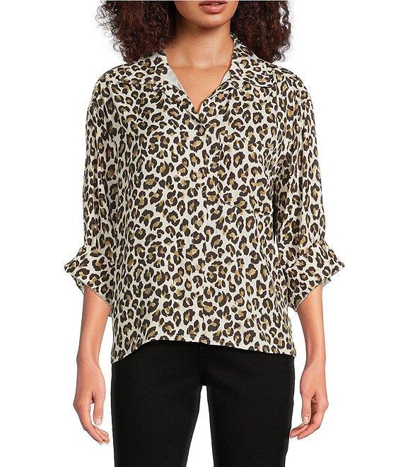 Tru Luxe Jeans Leopard Print 3/4 Sleeve Button Front Shirt Product Image