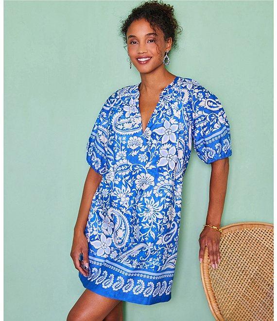Karen Kane Petite Size Printed Split V-Neck Elbow Sleeve Peasant Dress Product Image