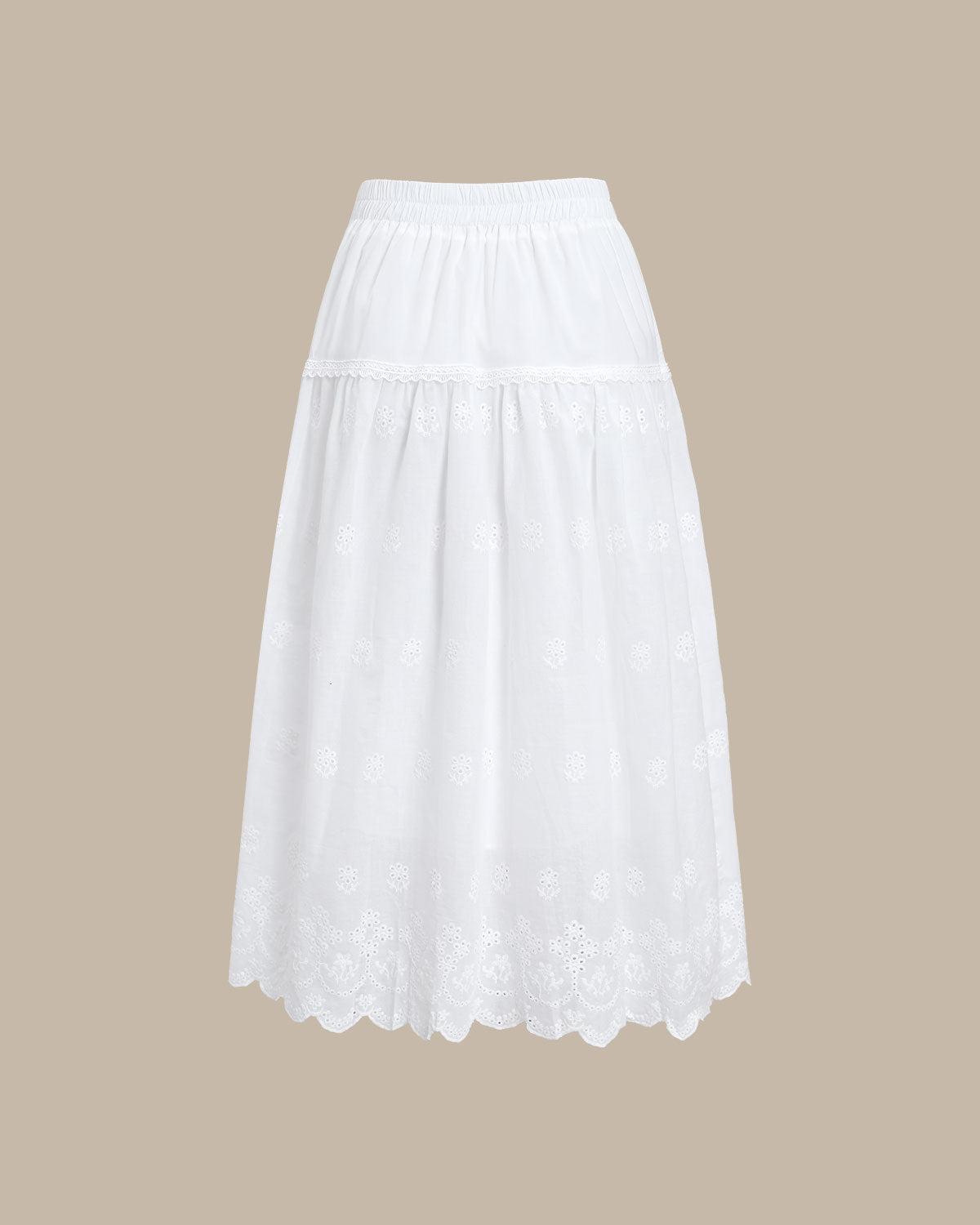 White Embroidery A-Line Midi Skirt Product Image