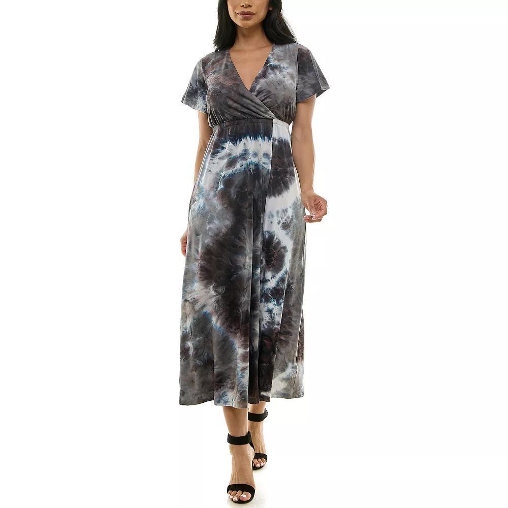 Women's Nina Leonard Tie Dye Print Flutter Sleeve V-Neck Maxi Dress, Size: Small, Grey Team Product Image