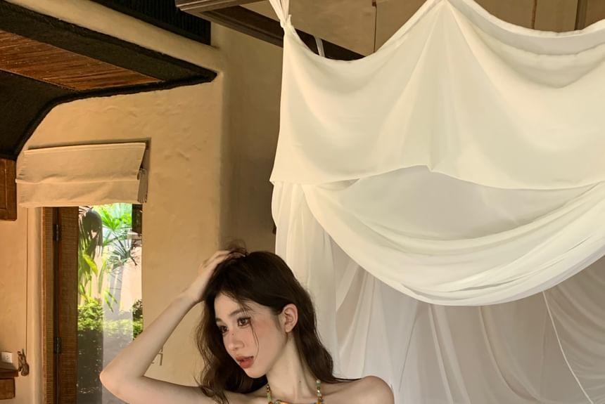 Halter Patterned Print Pleated Beaded Top Product Image
