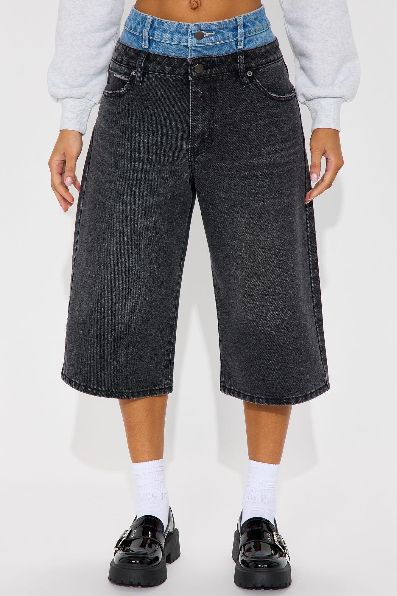 Rowen Non Stretch Double Waistband Denim Jorts - Black Wash Product Image