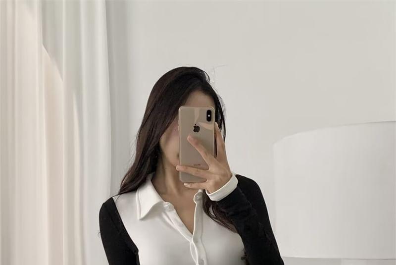 Long Sleeve Two Tone Polo Collar Crop Top Product Image