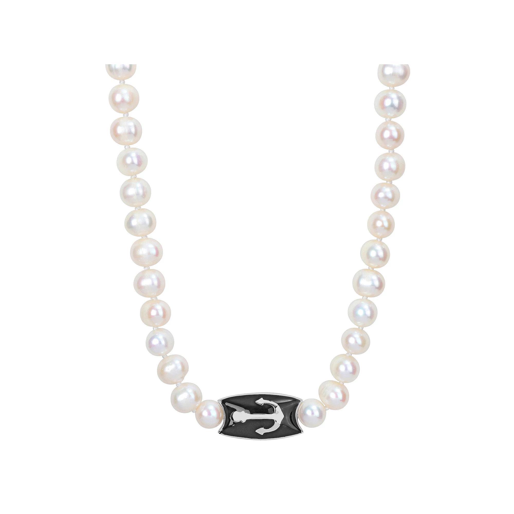 Stella Grace Mens Freshwater Cultured Pearl & Sterling Silver Anchor Charm Beaded Necklace Product Image