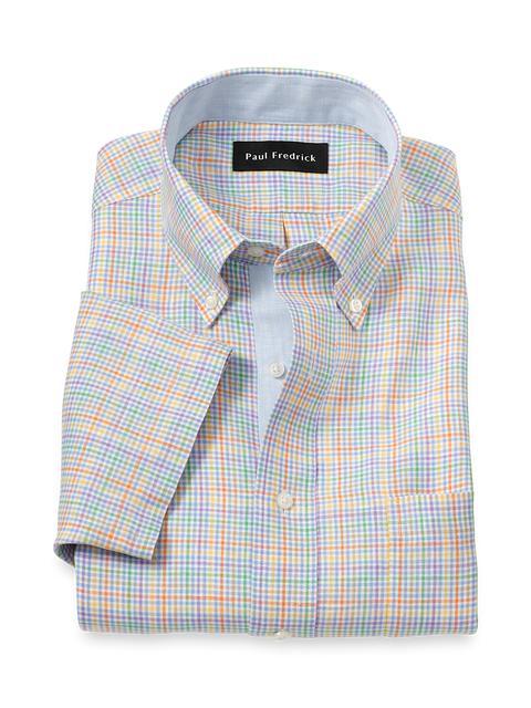 Non-Iron Linen Plaid Dress Shirt With Contrast Trim - Multi Product Image