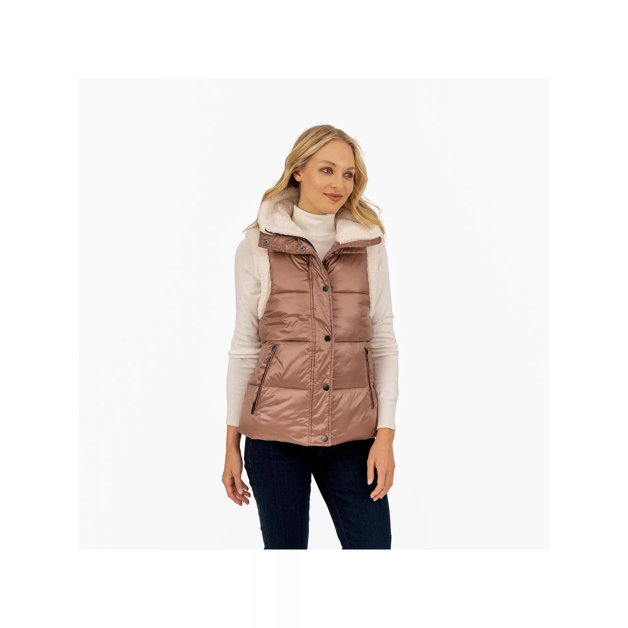Women's Fleet Street Quilted Puffer Vest with Faux-Sherpa Trim, Size: XL, Warm Brown Product Image