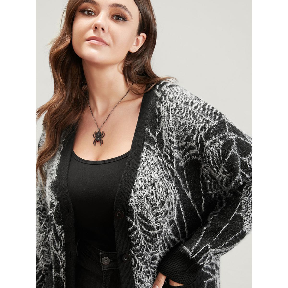Plus Size Spider Web Plush Knit Pocket Button Front Cardigan BlackFlower Women Elegant Loose Long Sleeve Dailywear Cardigans BloomChic 12/L Product Image