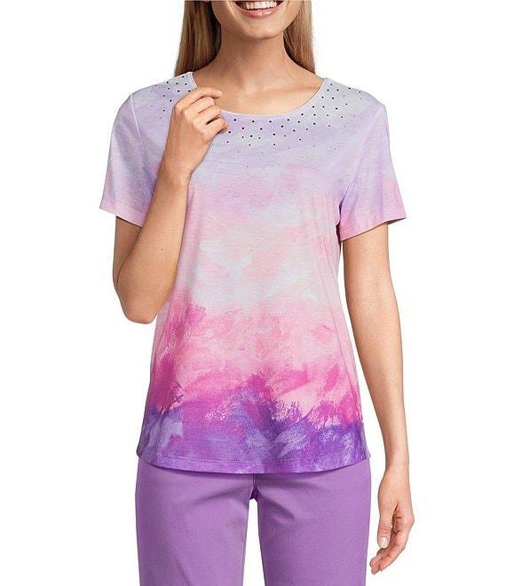 Allison Daley Petite Size Amethyst Sunset Print Short Sleeve Crew Neck Knit Top Product Image