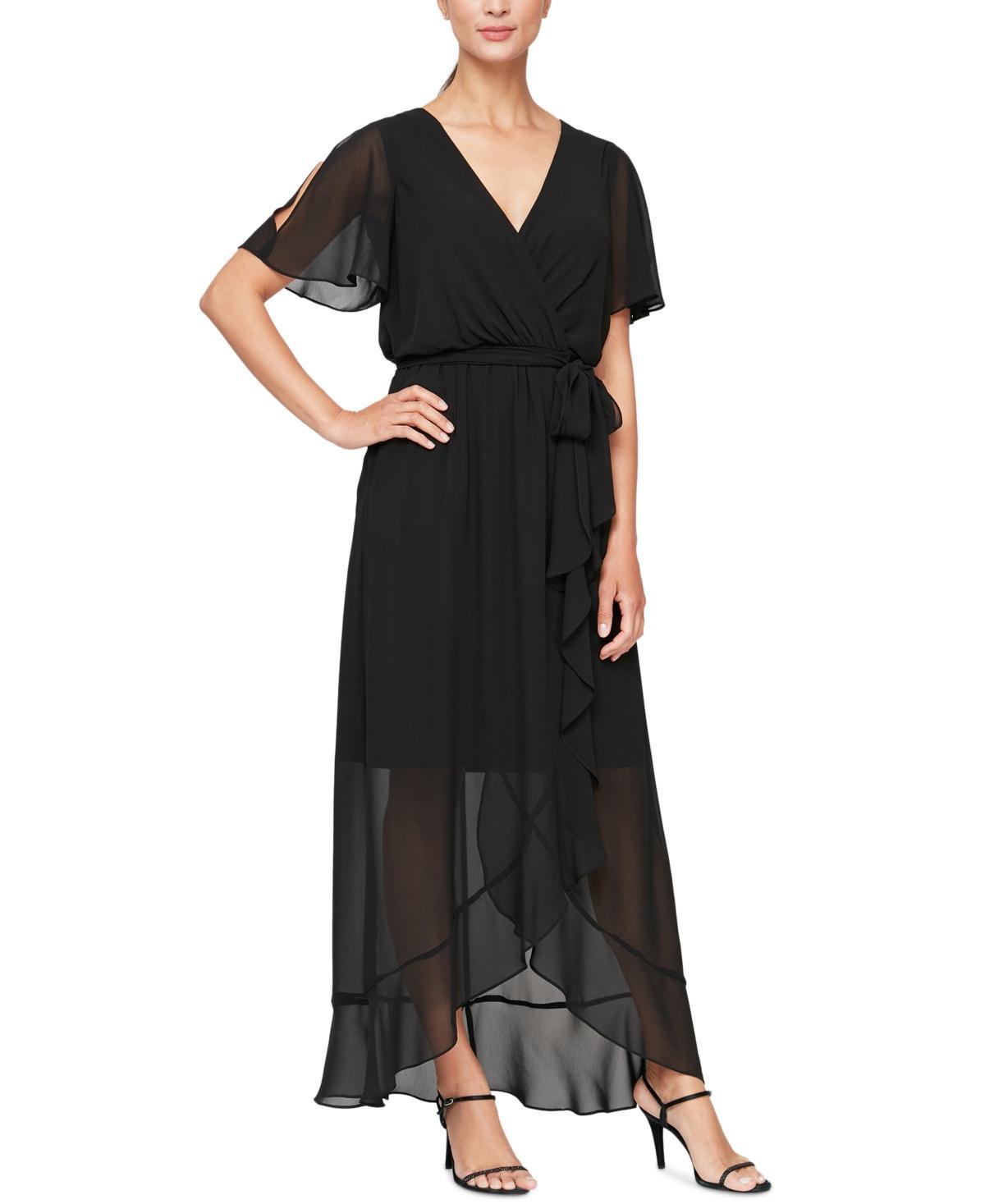 Ignite Evenings Chiffon Surplice V-Neck Short Sleeve Ruffle Hem Wrap Dress Product Image