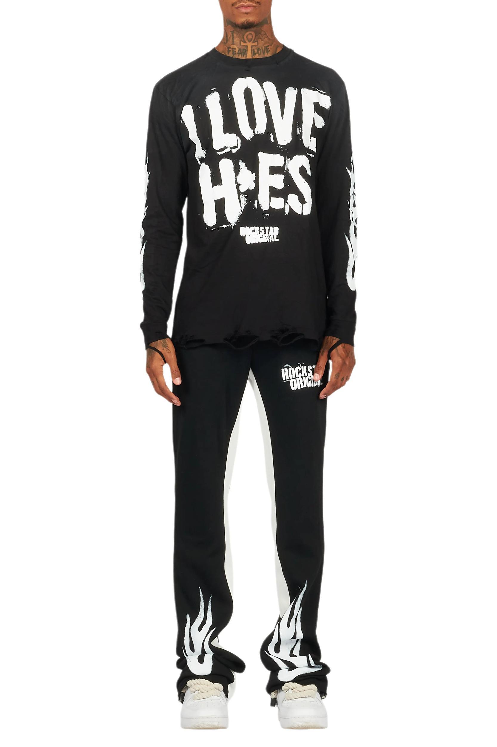 Banyan Black/White Long Sleeve T-Shirt/Stacked Baggy Track Pant Set Male Product Image