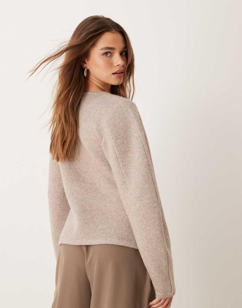 ASOS DESIGN knit structured crew neck cardigan in mocha Product Image