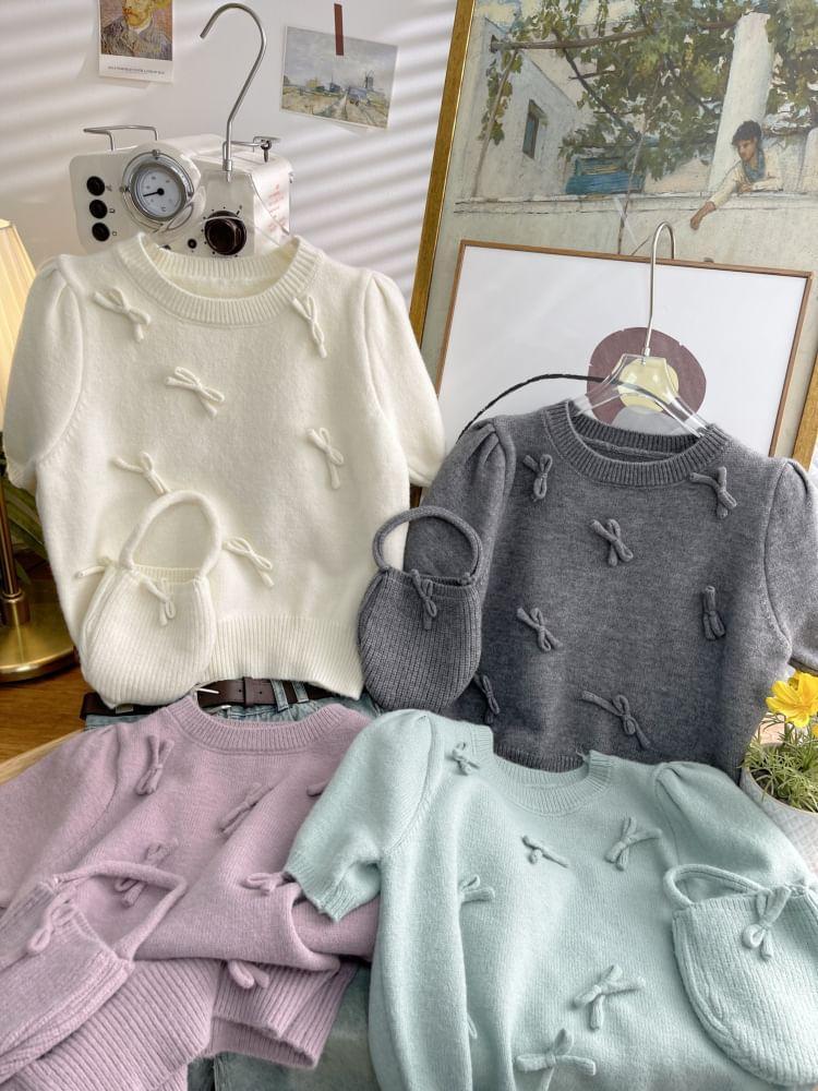 Set: Short-Sleeve Crew Neck Plain Bow Accent Crop Knit Top + Handbag Product Image