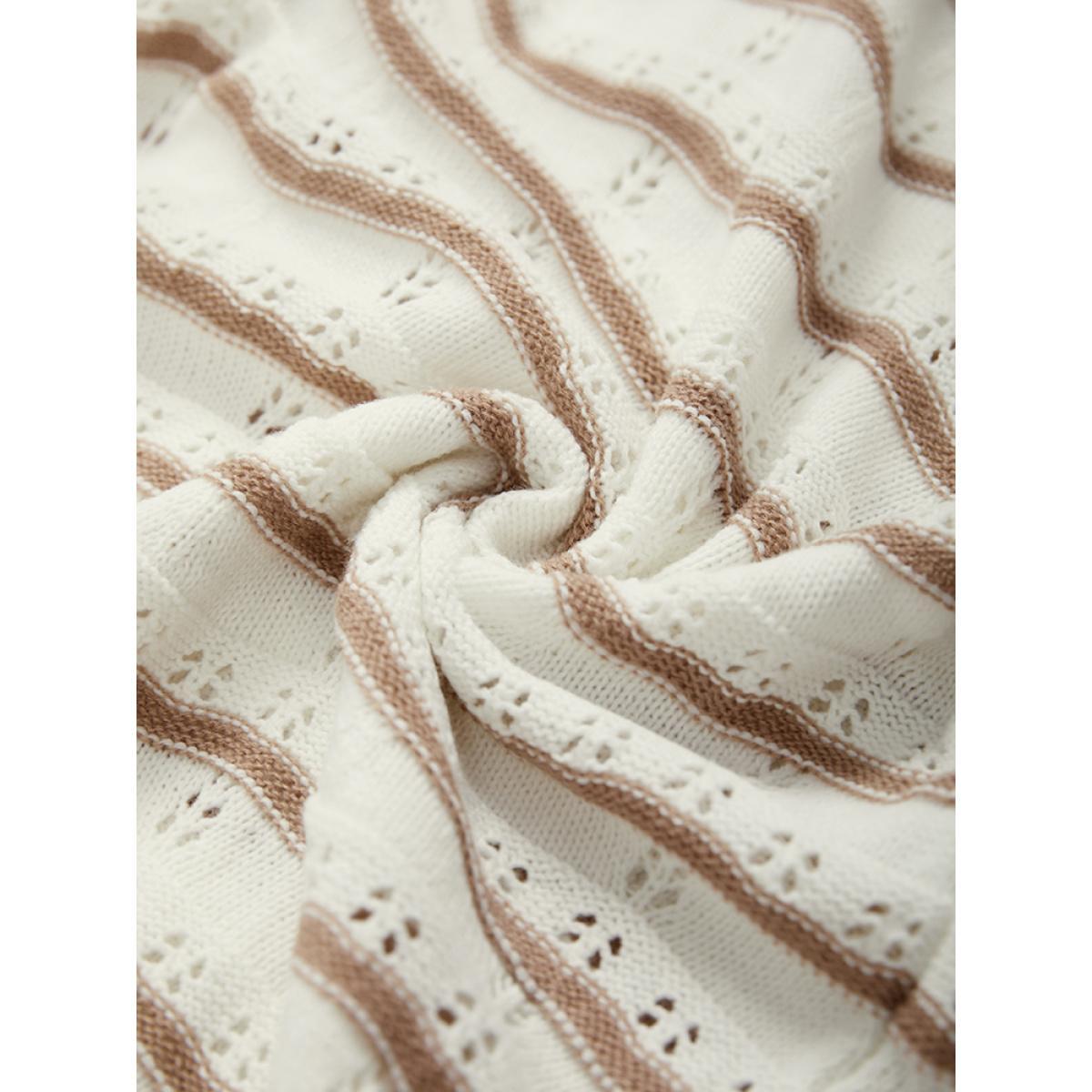 Plus Size Wave Striped Cut Out V Neck Cardigan Beige Women Casual Bodycon Long Sleeve V-neck Dailywear Pullovers BloomChic 14-16/1X Product Image