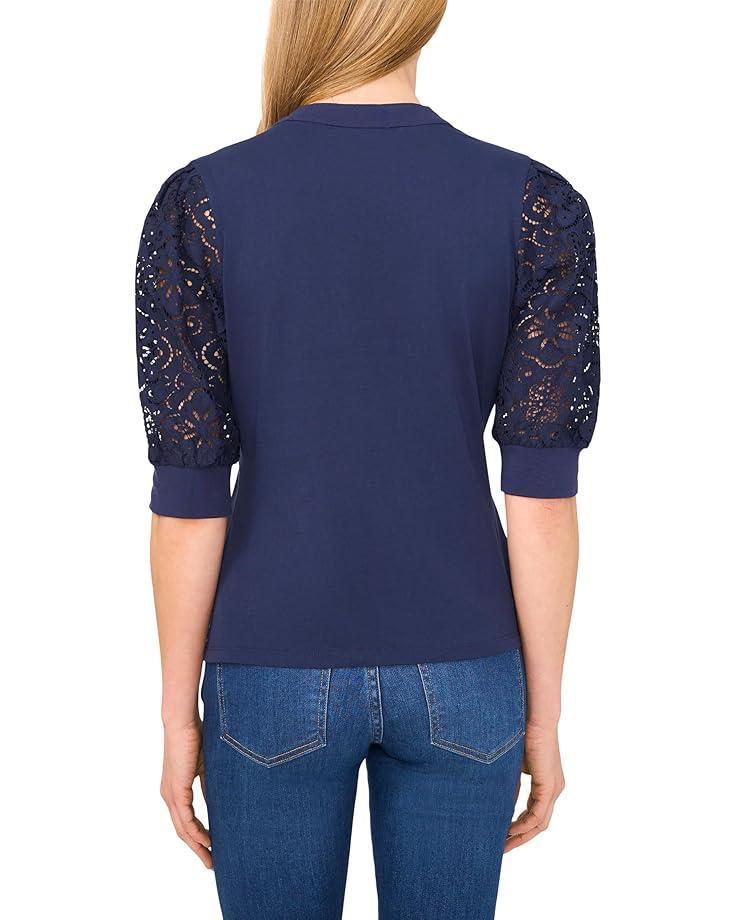 Knit V-Neck Combo Pearl Sleeve Top Product Image