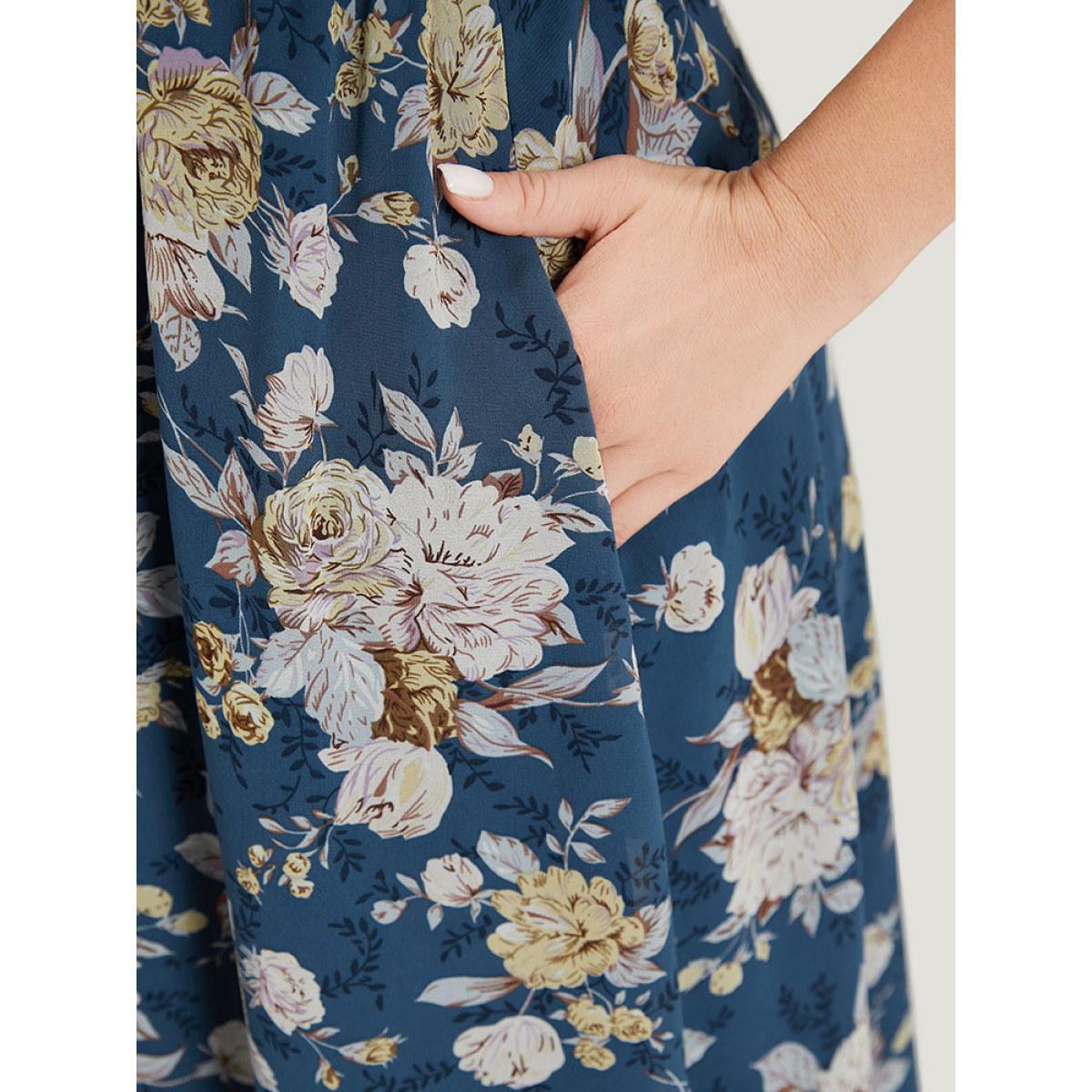 Plus Size Floral Print Surplice Neck Flutter Sleeve Dress Stone Women Elegant Gathered V-neck Short sleeve Curvy Midi Dress BloomChic 14-16/1X Product Image