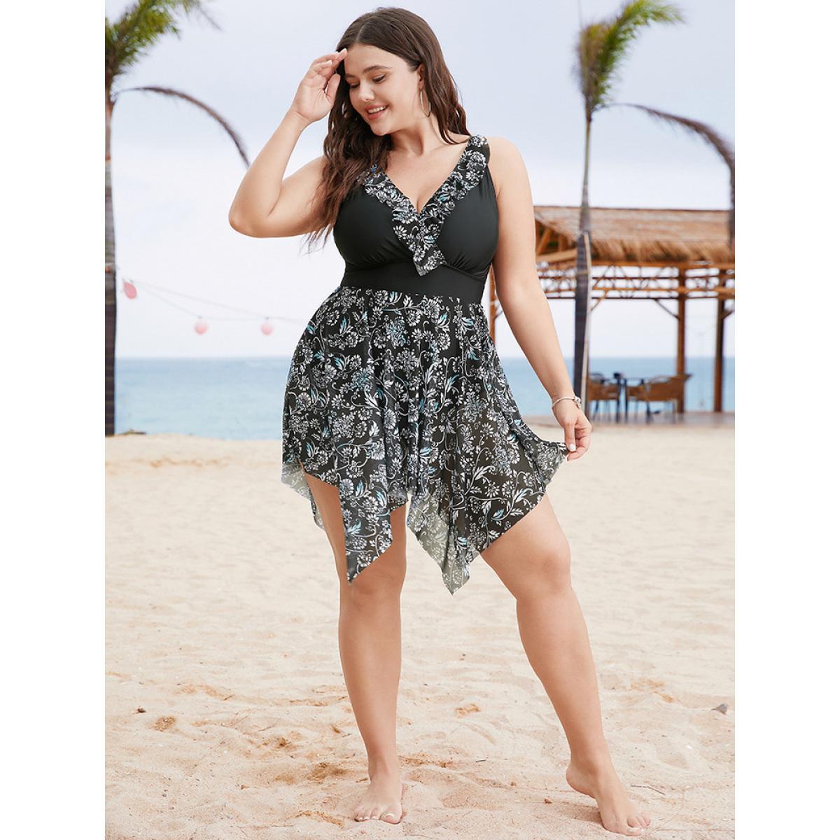 Plus Size Ruffle Trim Hanky Hem Floral Contrast Swim Dress Women's Swimwear BlackFlower Vacation Bodycon V-neck High stretch Curve Swim Dresses BloomChic 26/4X Product Image