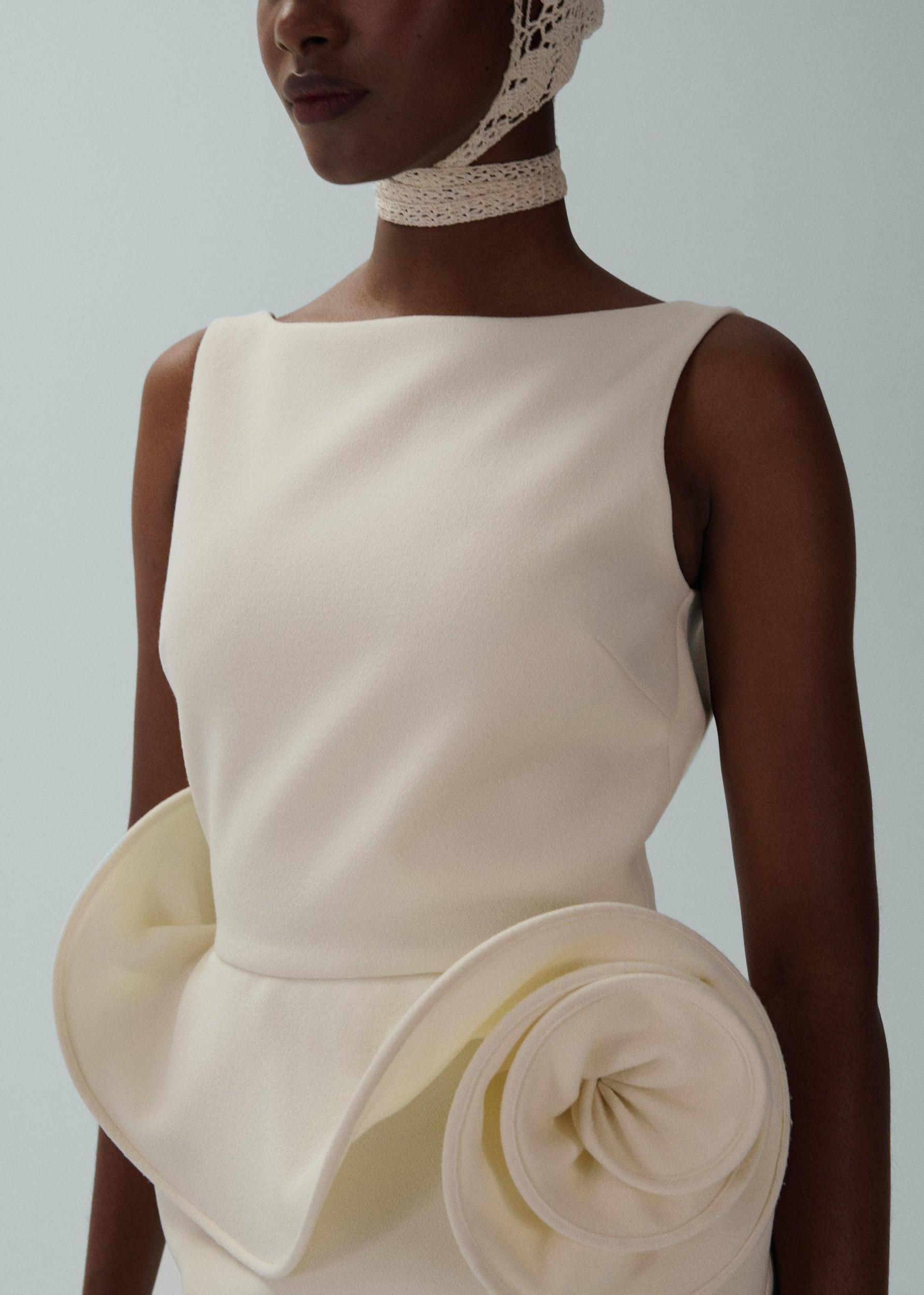 Floral appliqué sheath dress in cream Product Image