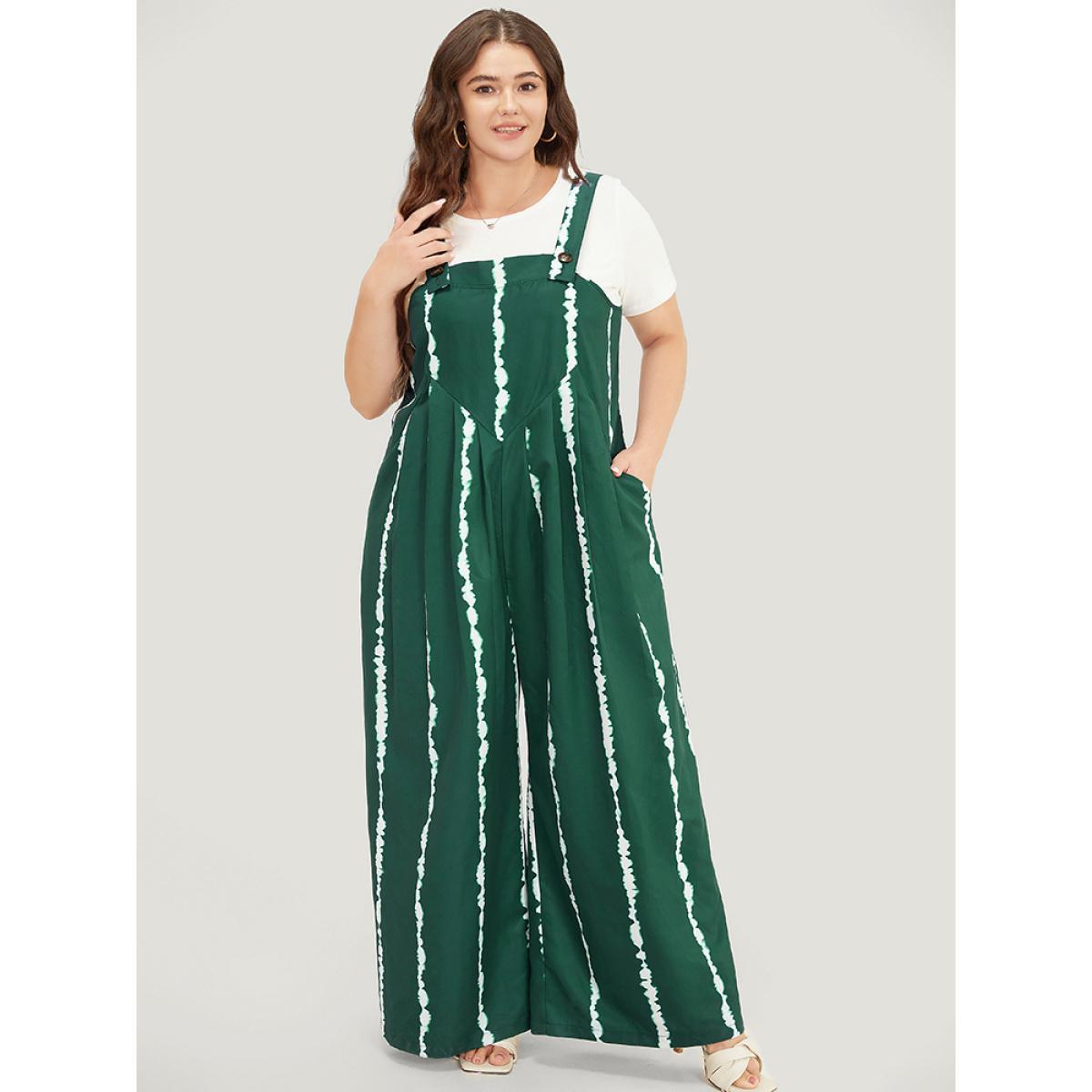 Plus Size DarkGreen Tie Dye Pocket Pleated Detail Overall Jumpsuit Women Vacation Sleeveless Spaghetti Strap Dailywear Loose Jumpsuits BloomChic 12/L Product Image