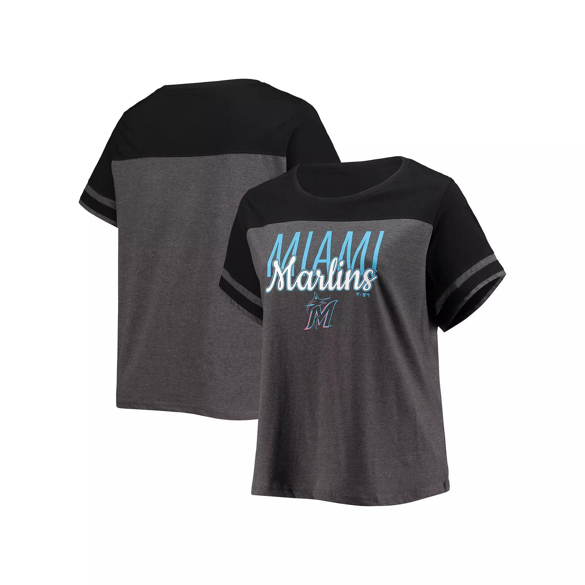 Women's Heathered Charcoal/Black Miami Marlins Plus Size Colorblock T-Shirt, Size: 3XL Product Image