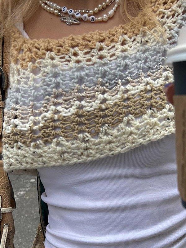 Super Crop Long Sleeve Knit Striped Crochet Top Product Image