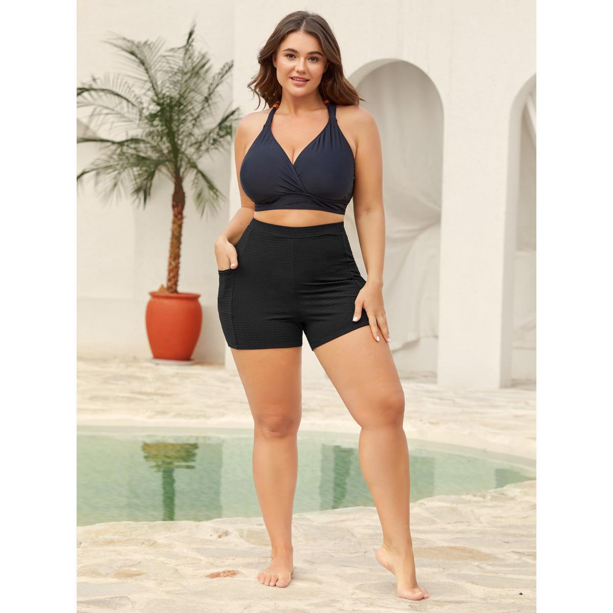 Plus Size Textured Tight-Fit Pockets Swim Bottoms Women's Swimwear Black Beach Texture High stretch Skinny High Rise Side seam pocket Curve Swim Bottoms BloomChic 18-20/2X Product Image