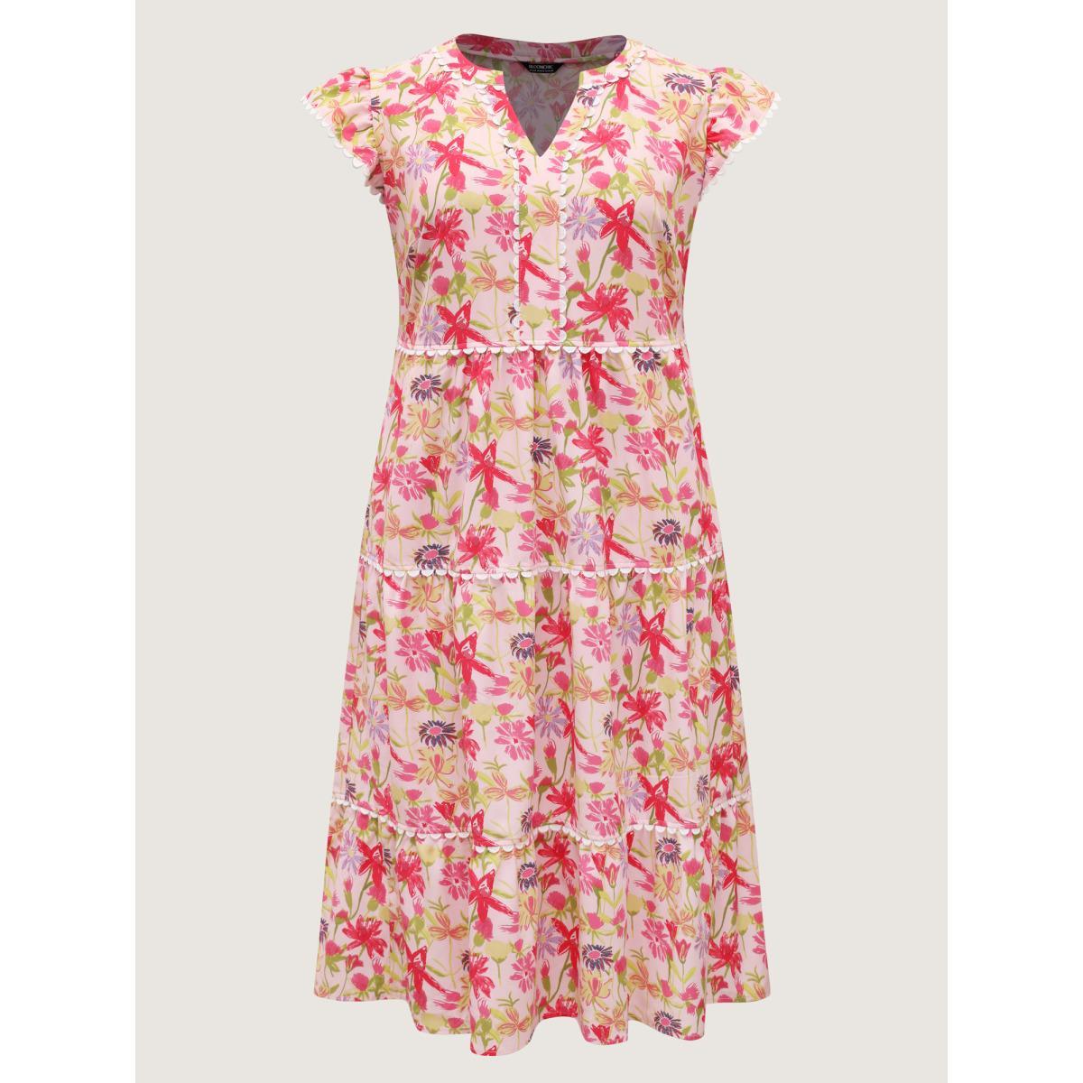 Plus Size Floral Color Block Lace Trim Midi Dress Blush Women Woven ribbon&lace trim Notched collar Cap Sleeve Curvy BloomChic 28/5X Product Image