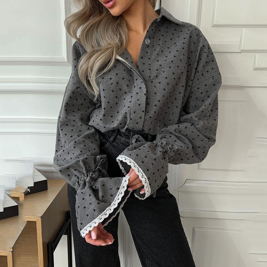 Long-Sleeve Collared Heart Print Lace Trim Button-Up Blouse Product Image