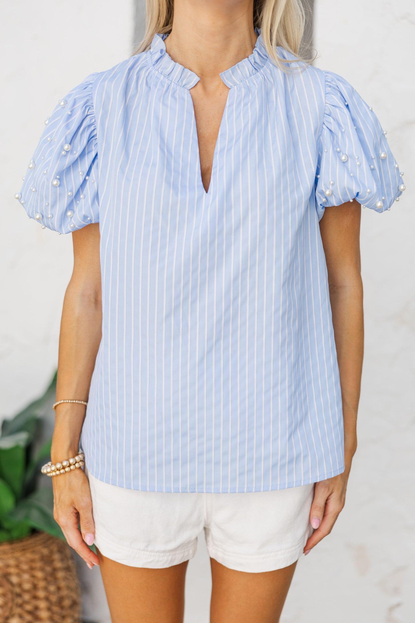 Look For It Blue Embellished Striped Blouse Female Product Image