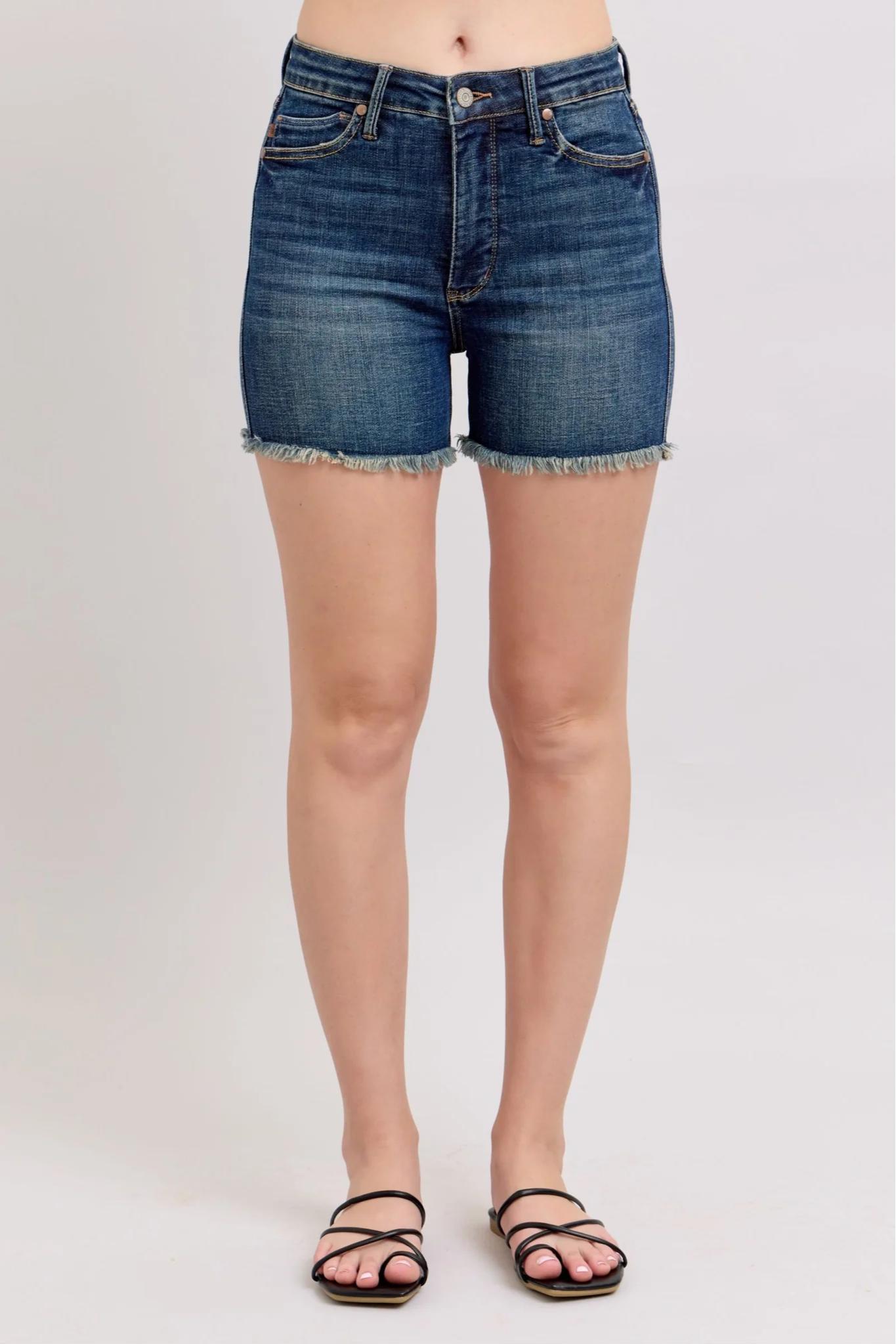 Judy Blue HW Tummy Control Fray Hem & Shield Back Pocket Shorts Product Image