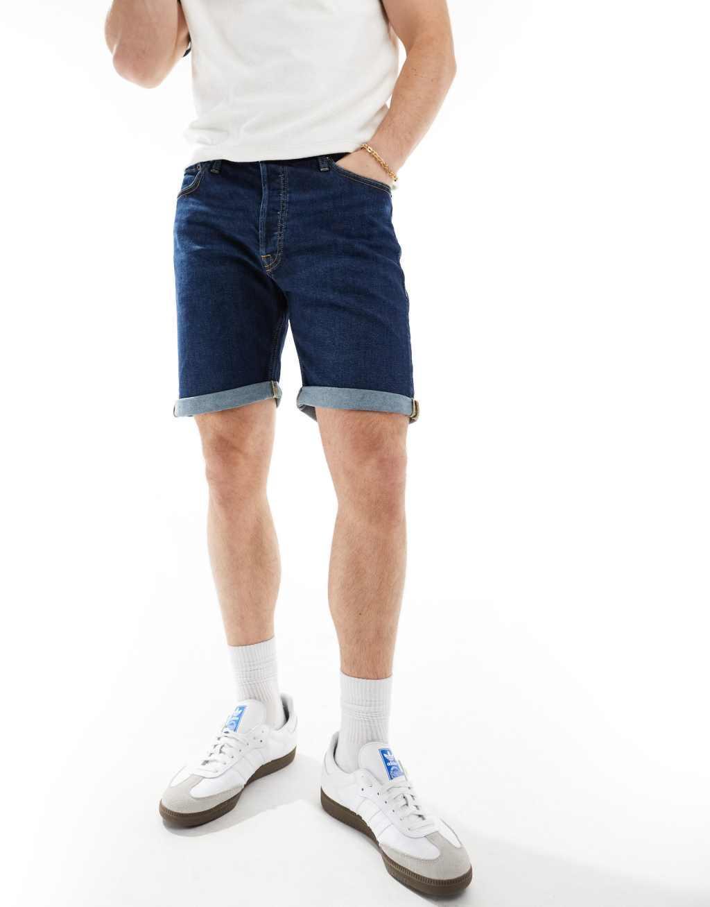 Jack & Jones relaxed fit denim shorts in dark blue Product Image