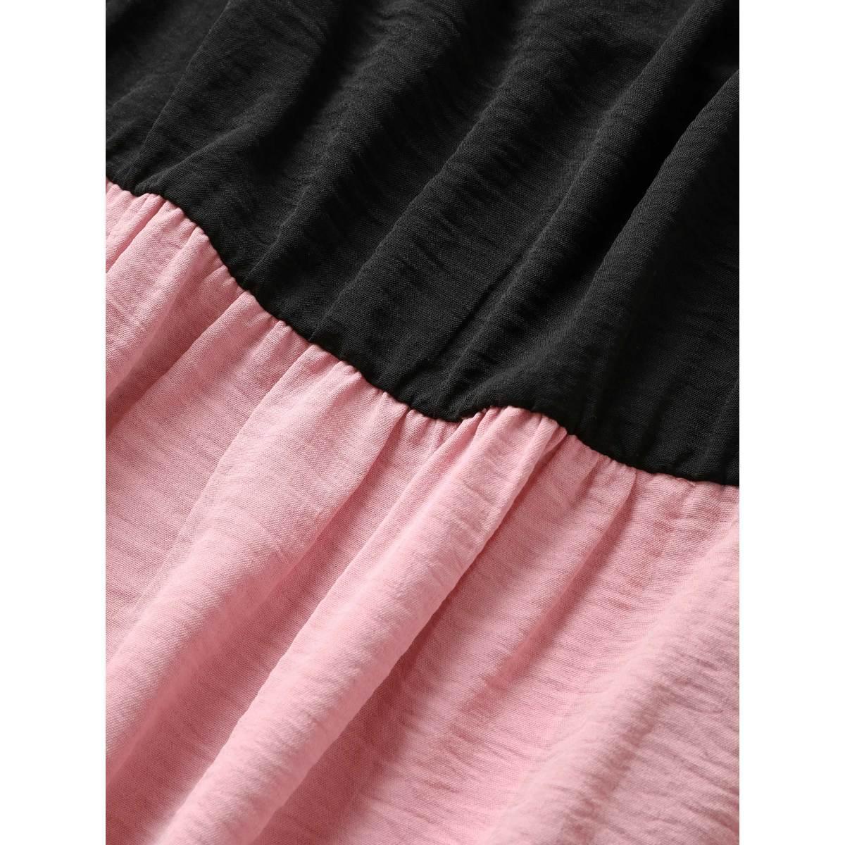 Plus Size Colorblock Contrast Patchwork Gathered Raglan Sleeve Dress Black Women Casual Non Square Neck Short sleeve Curvy Midi Dress BloomChic 30/6X Product Image