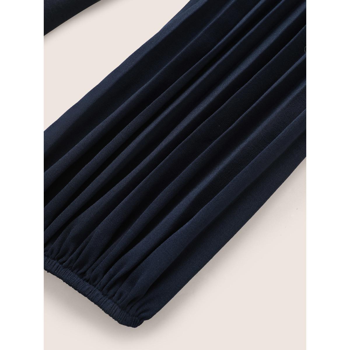 Plus Size Solid Lantern Sleeve Patchwork Pleated T-shirt Midnight Women Casual Pleated Plain V-neck Everyday T-shirts BloomChic 18-20/2X Product Image