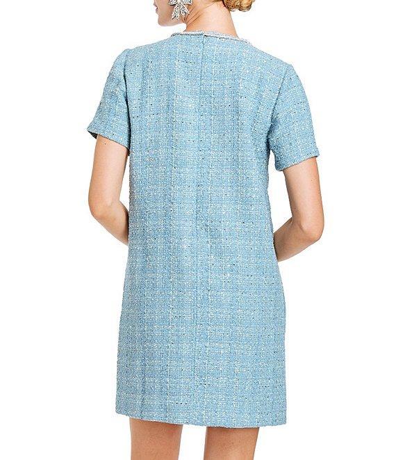 Mestiza New York Ainslee Tweed Round Neck Rhinestone Bow Short Sleeve Shift Mini Dress Product Image