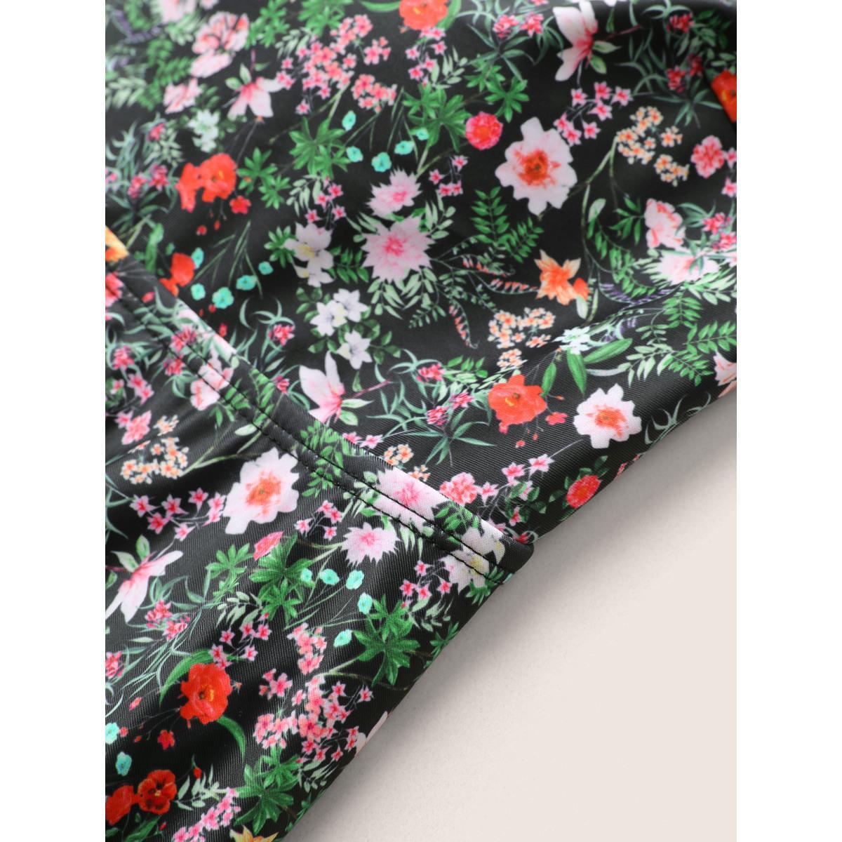 Plus Size Ditsy Floral Ruffles Cold Shoulder Swim Dress Women's Swimwear Black Beach Bodycon One-shoulder neck High stretch Curve Swim Dresses BloomChic 22-24/3X Product Image