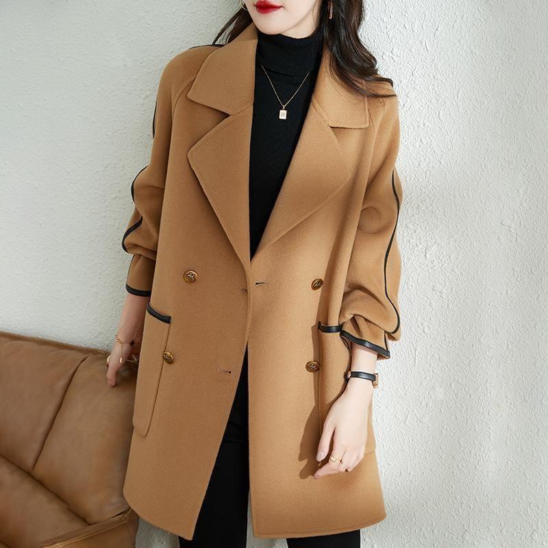 Lapel Collar Contrast Trim Midi Double-Breasted Coat Product Image