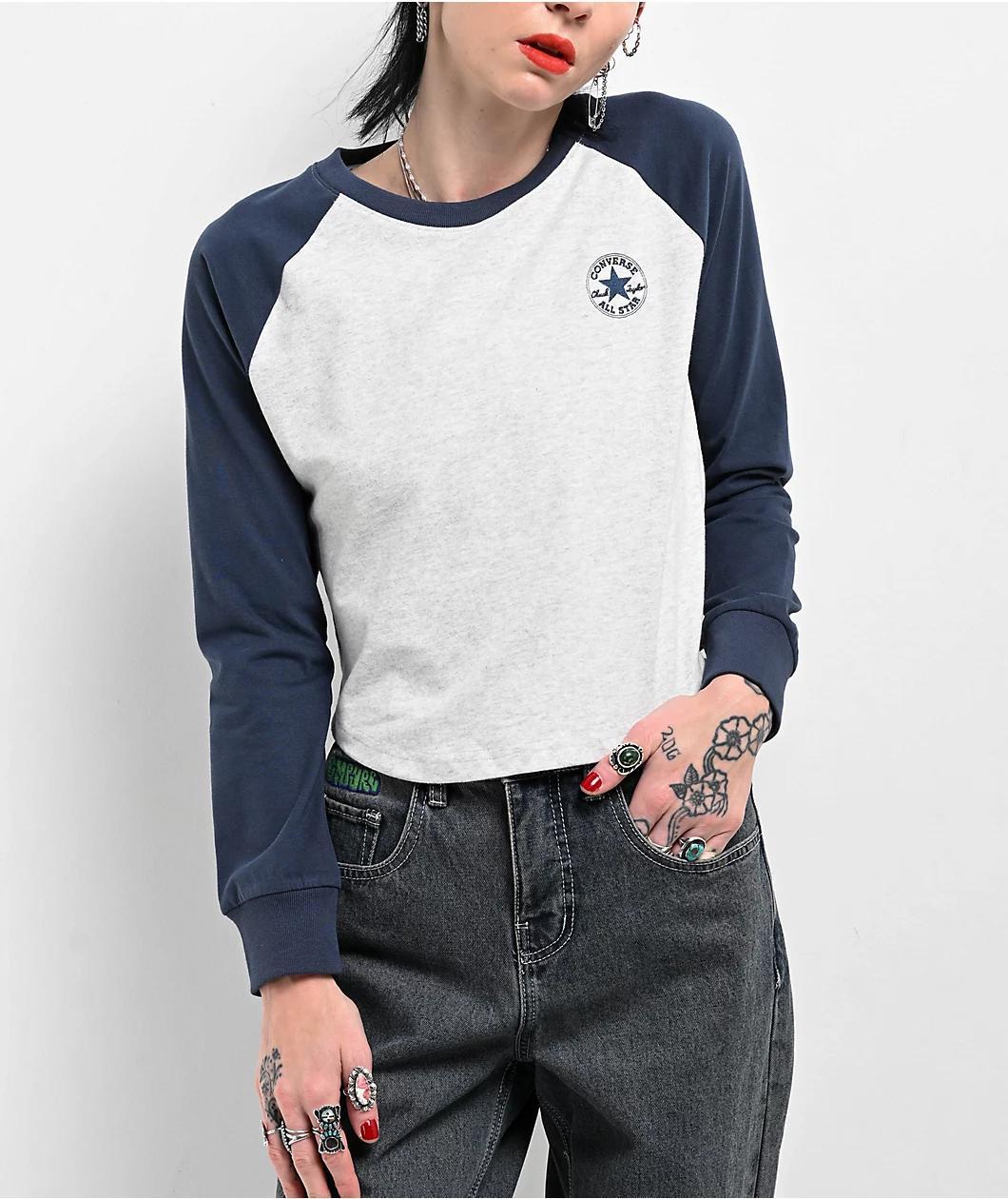 Converse Grey Raglan Long Sleeve Crop T-Shirt Product Image