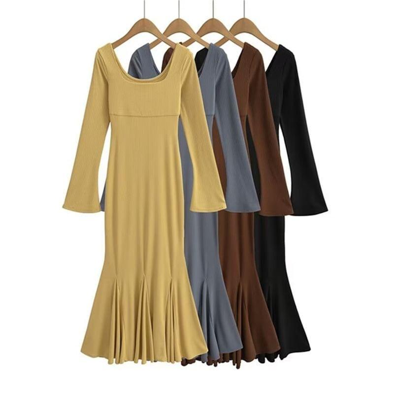 Long Sleeve Square Neck Plain Maxi Mermaid Dress Product Image