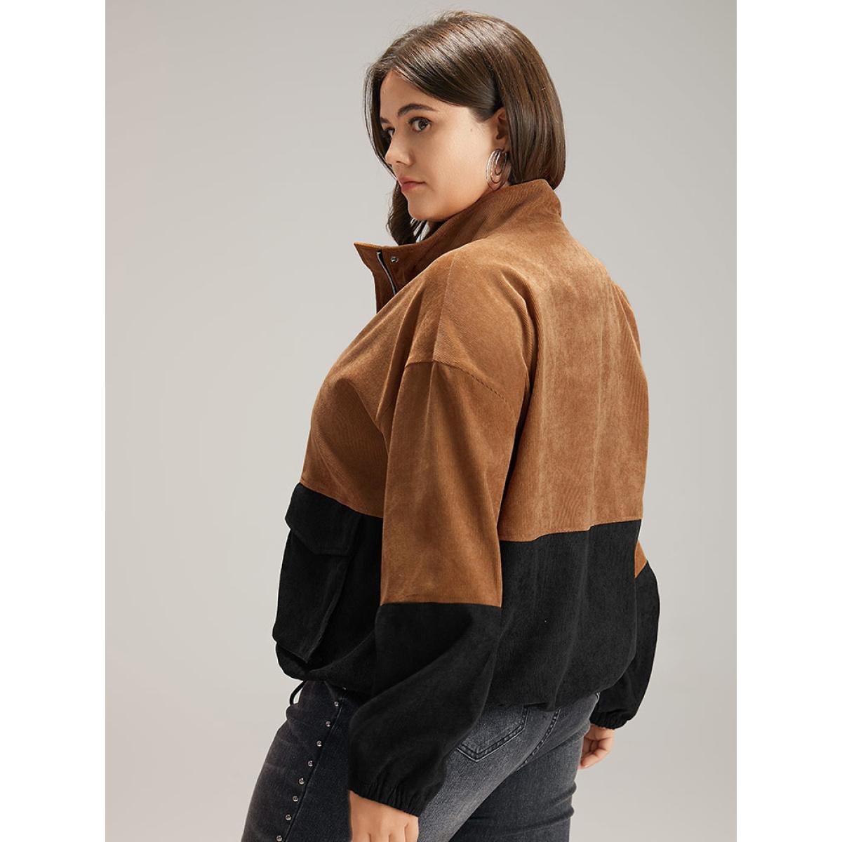 Plus Size Two Tone Zipper Pocket Button Up Jacket Women Black Elastic cuffs Pocket Dailywear Jackets BloomChic 14-16/1X Product Image