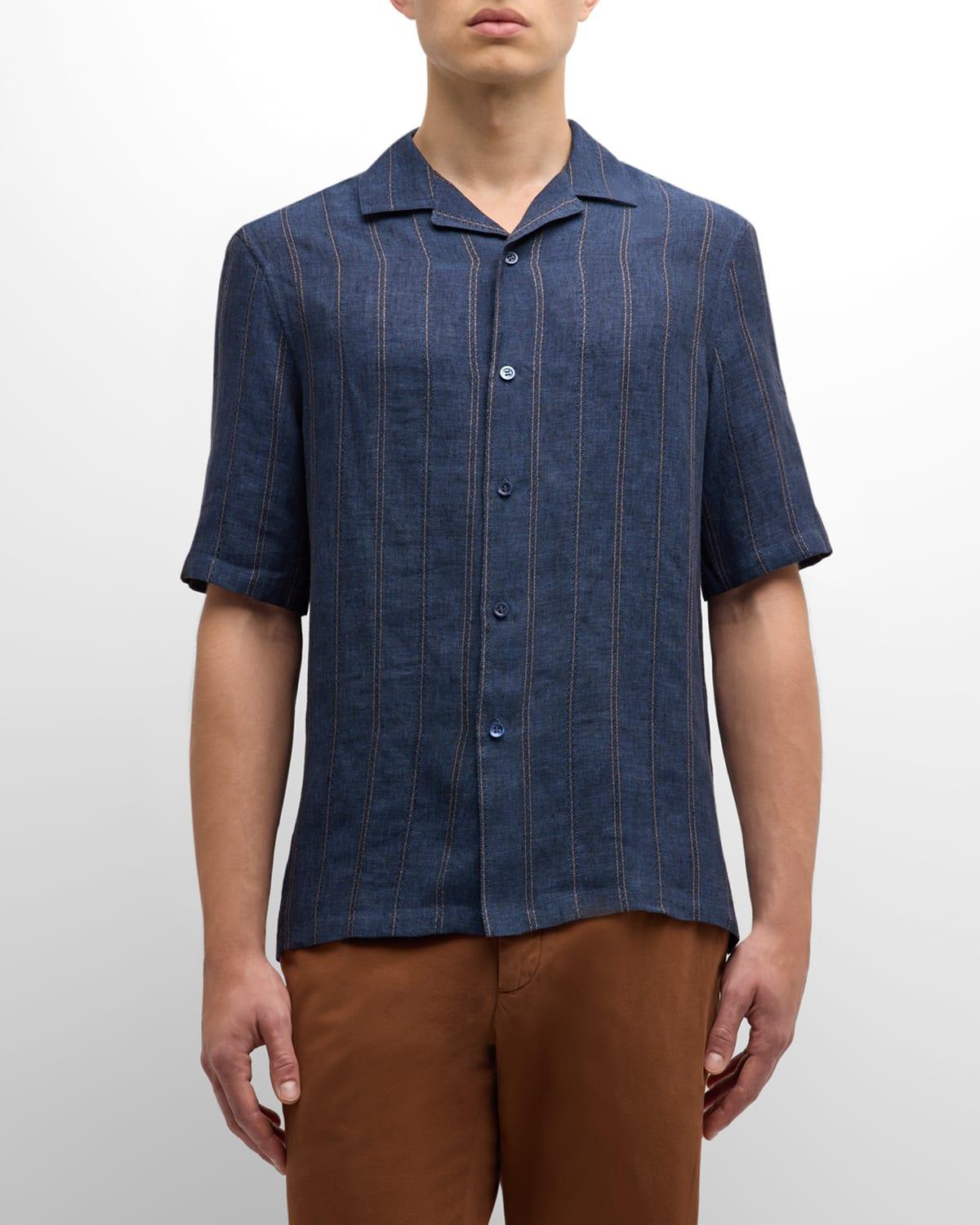 Men's Linen Embroidered Stripe Camp Shirt Product Image