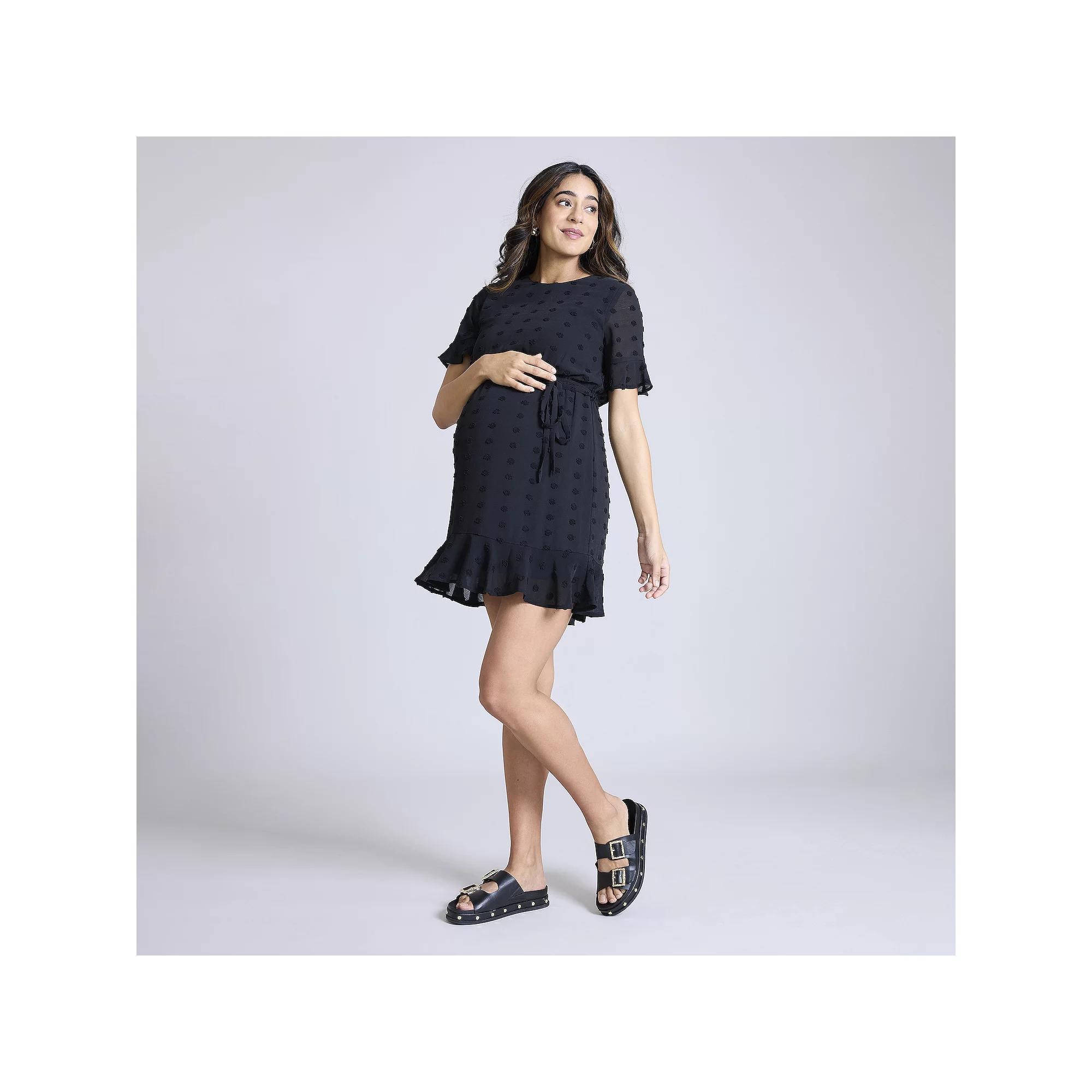 Maternity Motherhood® Short Sleeve Belted Tiered Dress, Women's, Size: XL-Mat, Black Product Image