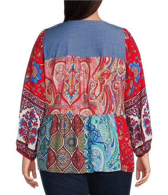 Calessa Plus Size Embroidered Printed Split V-Neck 3/4 Sleeve Tunic Product Image